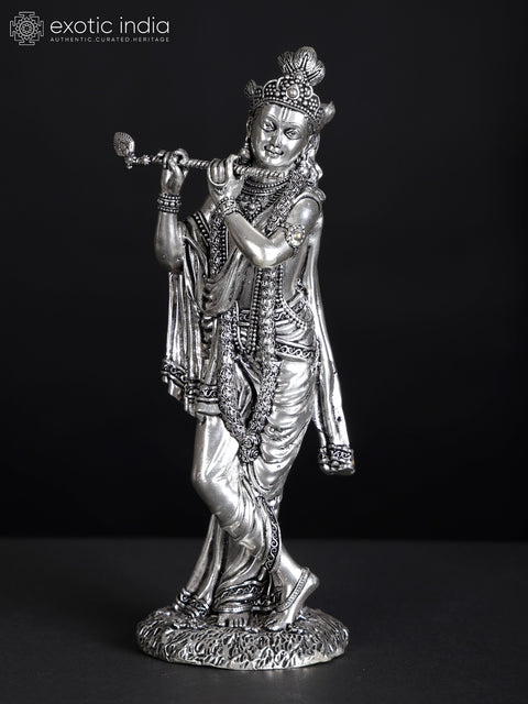 7" Superfine Silver-Plated Lord Krishna Idol Playing Flute | Brass Statue (Different Sizes)