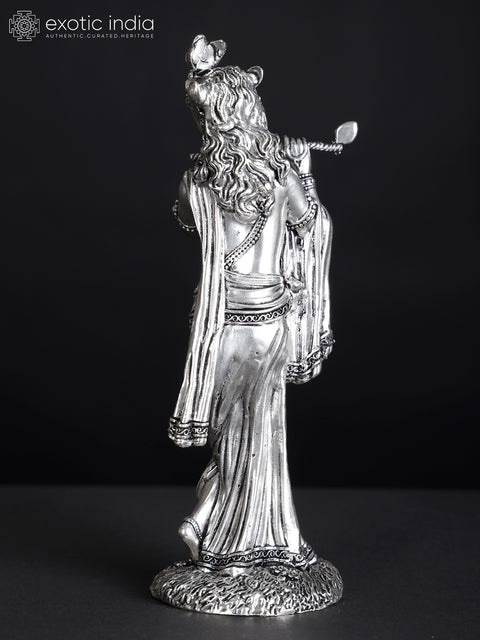 7" Superfine Silver-Plated Lord Krishna Idol Playing Flute | Brass Statue (Different Sizes)