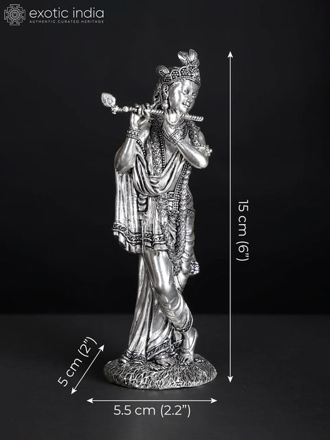 7" Superfine Silver-Plated Lord Krishna Idol Playing Flute | Brass Statue (Different Sizes)