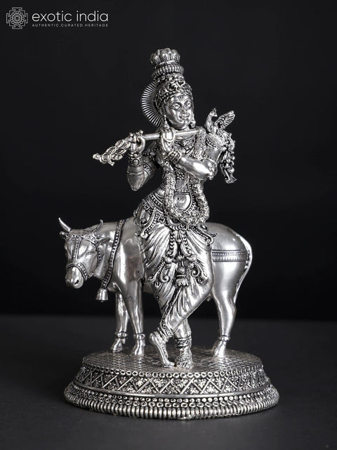 Superfine Murli Manohar Krishna with Cow | Silver Plated Brass Statue