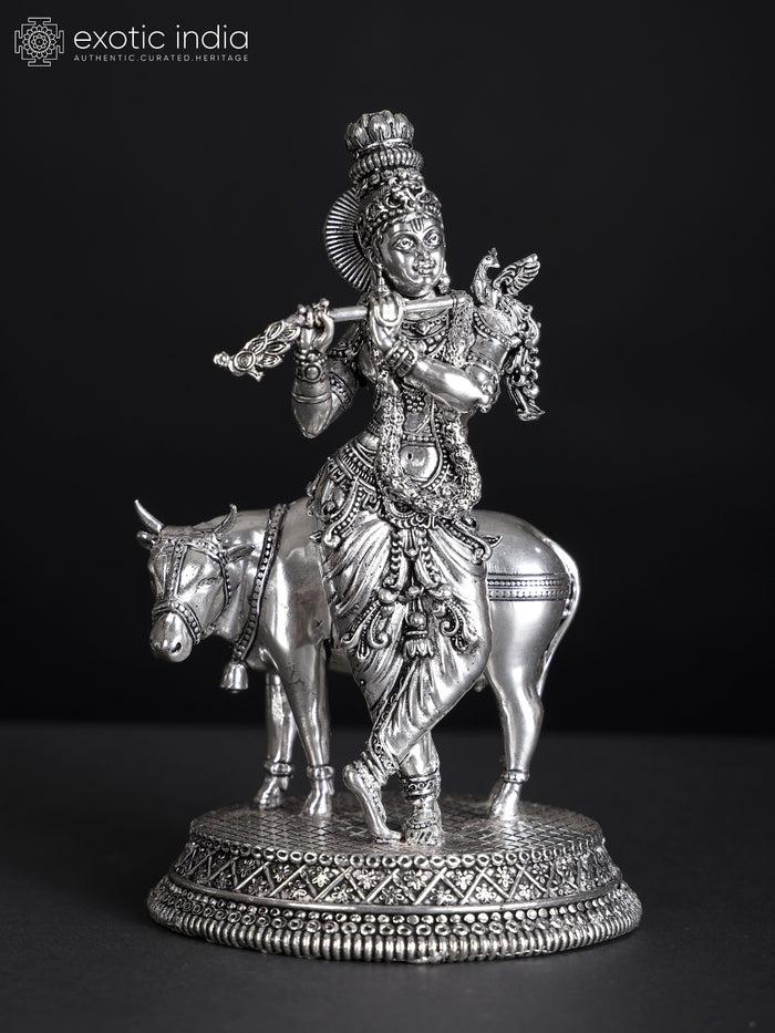 Superfine Silver Plated Brass Murli Manohar Krishna with Cow Statue