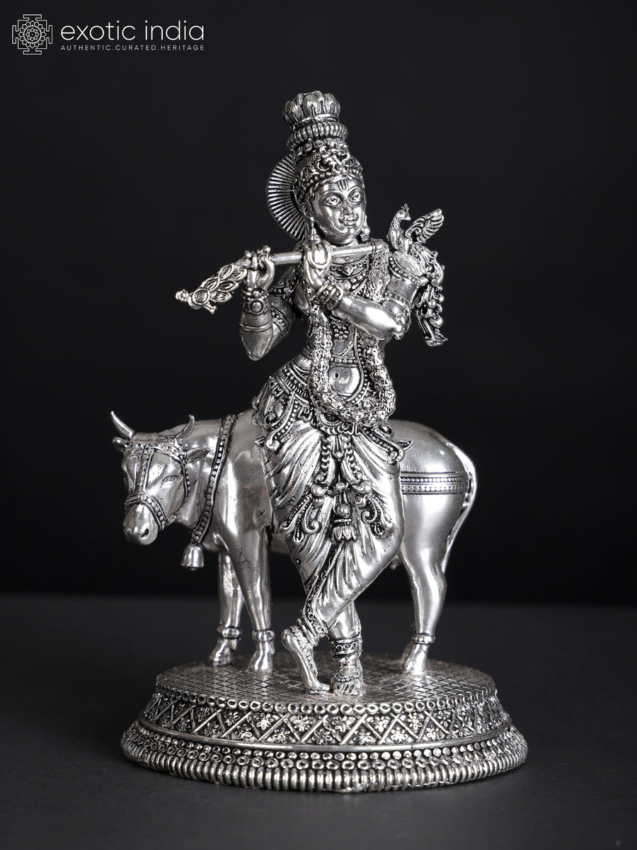 Superfine Silver Plated Brass Murli Manohar Krishna with Cow Statue