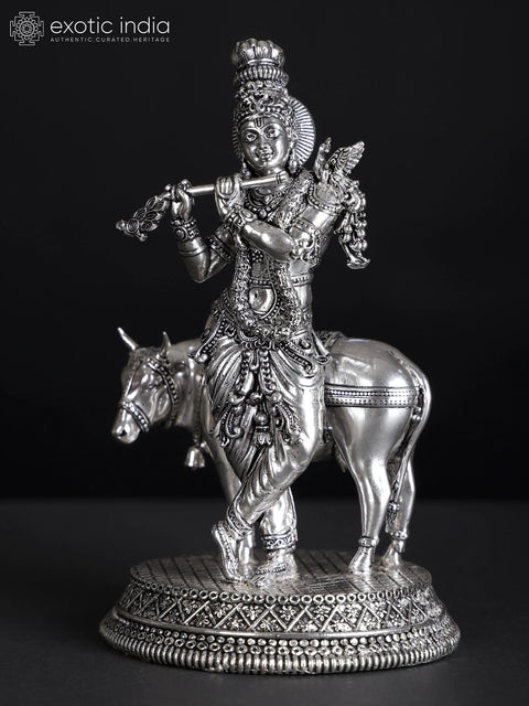 Superfine Murli Manohar Krishna with Cow | Silver Plated Brass Statue