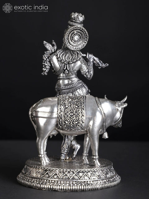 Superfine Murli Manohar Krishna with Cow | Silver Plated Brass Statue