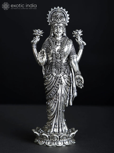 Superfine Standing Goddess Lakshmi Idol in Blessing Gesture | Silver Plated Brass Statue