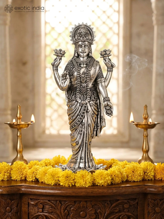 Superfine Standing Goddess Lakshmi Blessing Gesture Silver Plated Brass Idol
