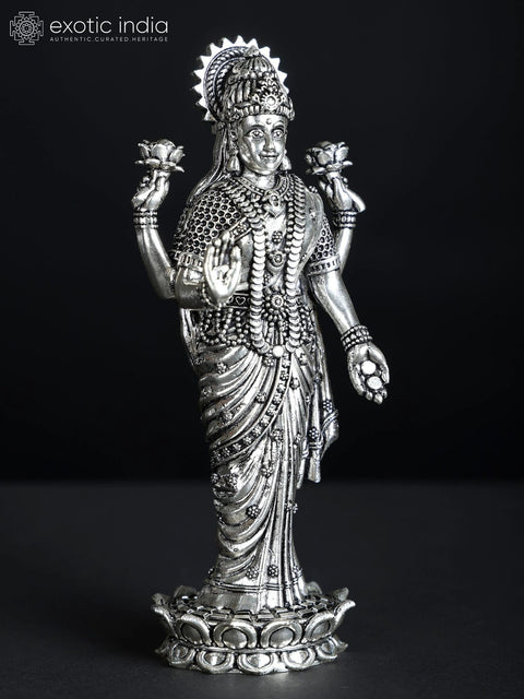 Superfine Standing Goddess Lakshmi Idol in Blessing Gesture | Silver Plated Brass Statue