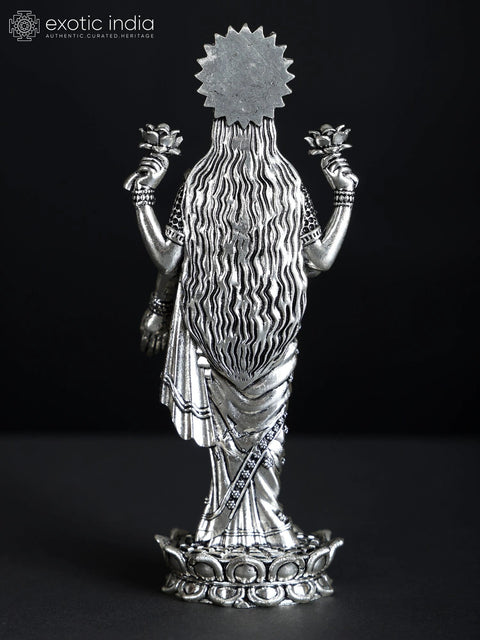 Superfine Standing Goddess Lakshmi Idol in Blessing Gesture | Silver Plated Brass Statue