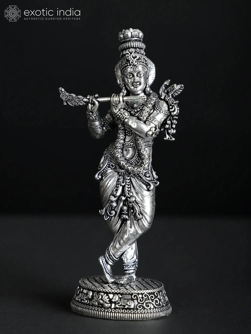 Small Superfine Standing Krishna Playing Flute Silver Plated Brass Statue