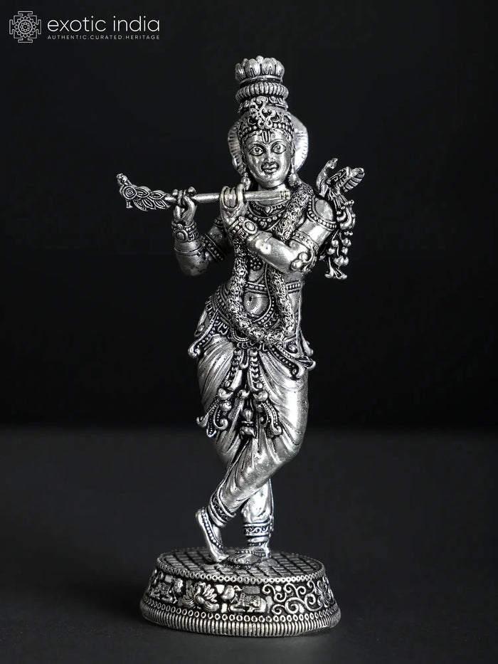 Small Superfine Standing Krishna Playing Flute Silver Plated Brass Statue