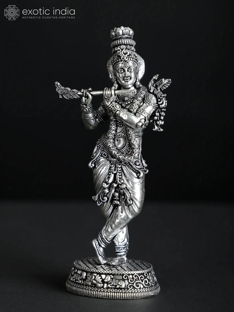 Small Superfine Standing Krishna Playing Flute Silver Plated Brass Statue