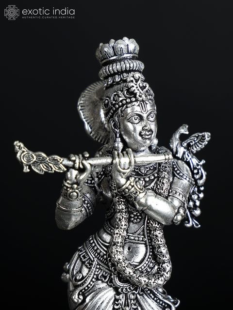 Small Superfine Standing Lord Krishna Playing Flute | Silver Plated Brass Statue (Multiple Sizes)