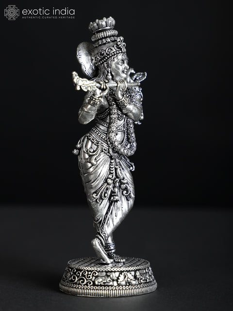 Small Superfine Standing Lord Krishna Playing Flute | Silver Plated Brass Statue (Multiple Sizes)