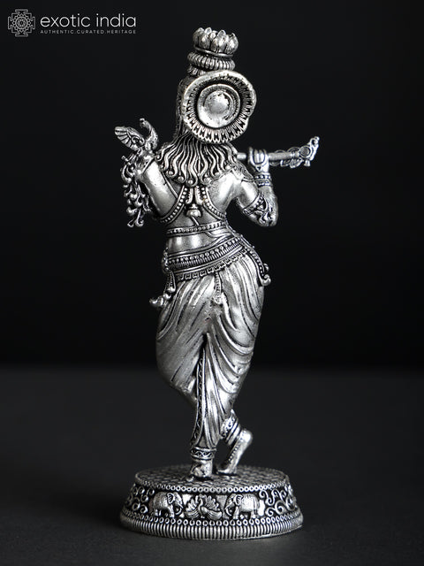 Small Superfine Standing Lord Krishna Playing Flute | Silver Plated Brass Statue (Multiple Sizes)