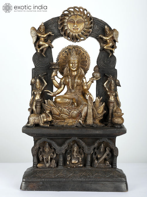 18" Brass Goddess Lakshmi Seated on Lotus Singhasan Statue