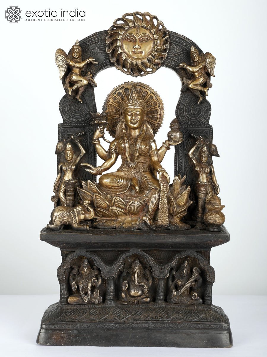 18" Brass Goddess Lakshmi Seated on Lotus Singhasan Statue