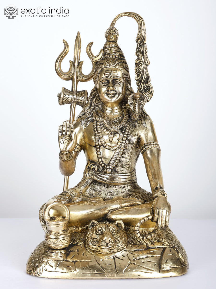 14" Sitting Lord Shiva Blessing Gesture Brass Statue Handmade
