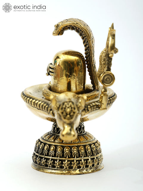 3" Small Brass Nandi Mukh Shivalinga with Protecting Naag and Trishul