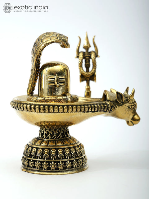 3" Small Brass Nandi Mukh Shivalinga with Protecting Naag and Trishul