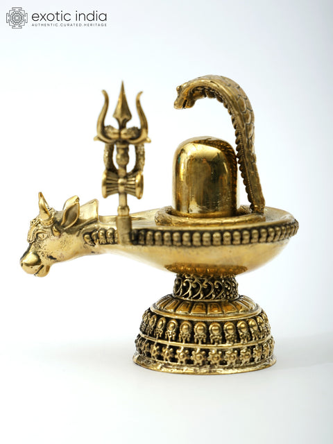 3" Small Brass Nandi Mukh Shivalinga with Protecting Naag and Trishul