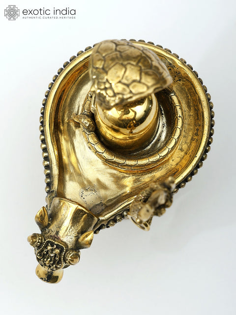 3" Small Brass Nandi Mukh Shivalinga with Protecting Naag and Trishul