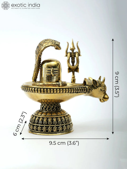 3" Small Brass Nandi Mukh Shivalinga with Protecting Naag and Trishul