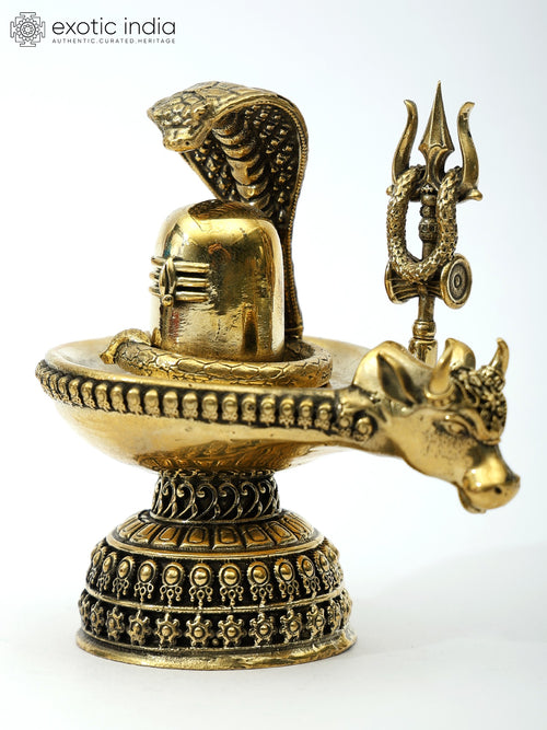 3" Brass Nandi Mukh Shivalinga Statue with Naag and Trishul