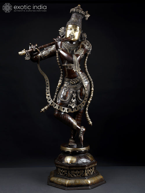 45" Large Tribhanga Krishna Brass Statue for Home Decor