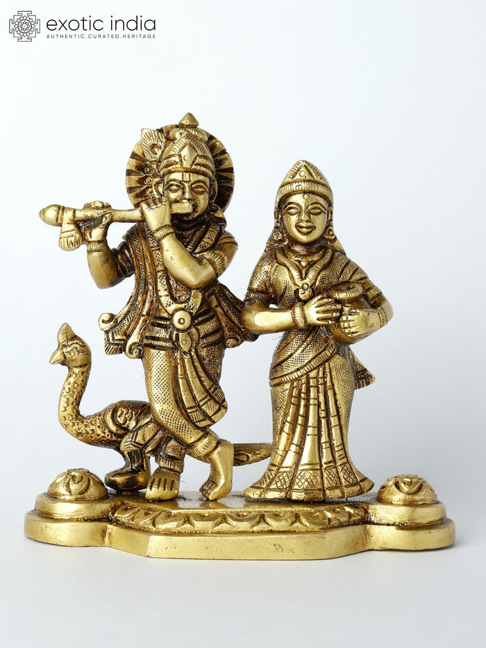 4" Radha Krishna Brass Statue with Peacock Handmade