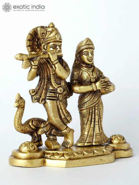 4" Small Radha-Krishna Brass Statue with Peacock