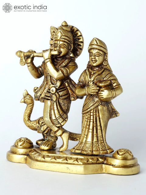 4" Small Radha-Krishna Brass Statue with Peacock