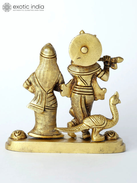 4" Small Radha-Krishna Brass Statue with Peacock