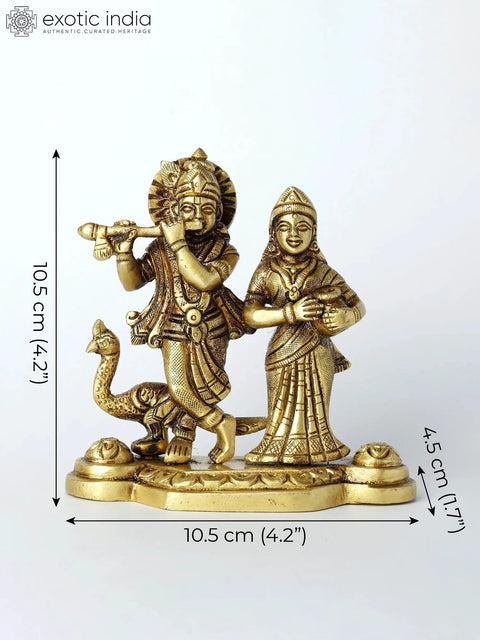 4" Small Radha-Krishna Brass Statue with Peacock