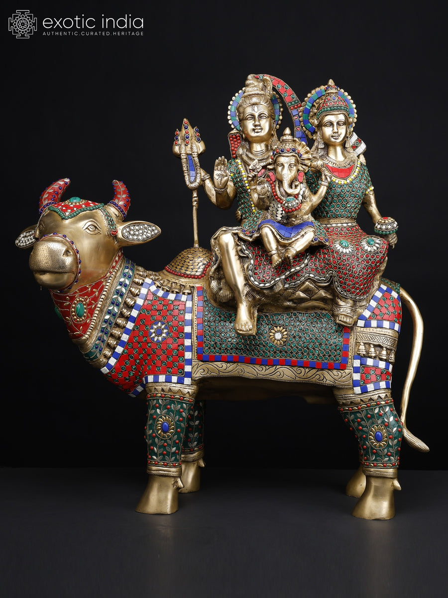 Shiva Parivar Seated on Nandi Brass Statue with Inlay Work