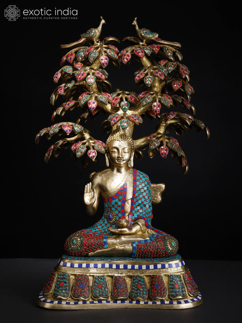 31" Large Size Lord Buddha Seated Under The Bodhi Tree | Brass Statue with Inlay Work