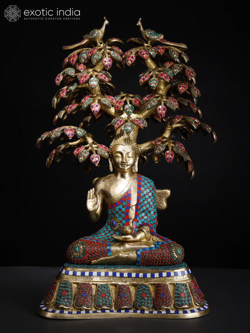 31" Large Lord Buddha Seated Under Bodhi Tree Brass Statue