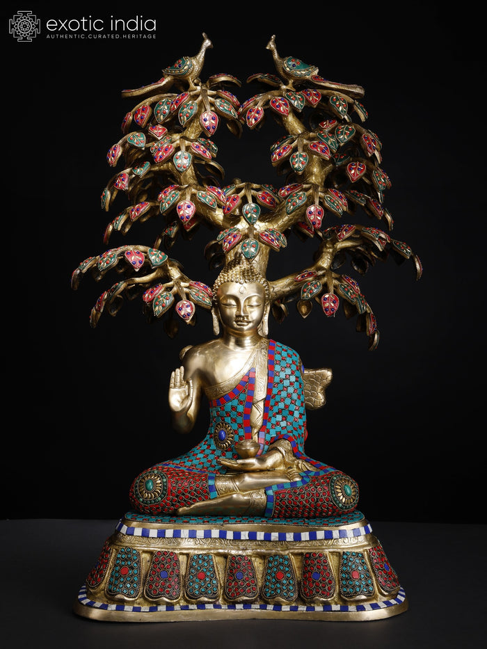 31" Large Size Lord Buddha Seated Under The Bodhi Tree | Brass Statue with Inlay Work