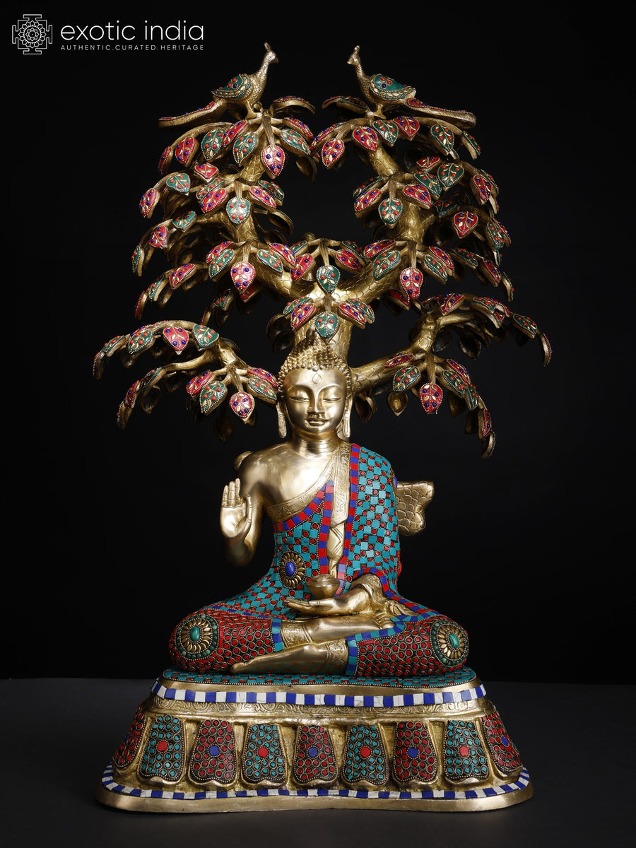 31" Large Lord Buddha Seated Under Bodhi Tree Brass Statue