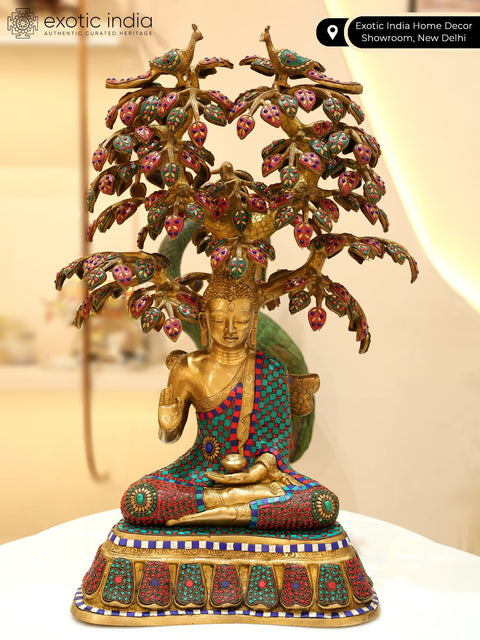 31" Large Size Lord Buddha Seated Under The Bodhi Tree | Brass Statue with Inlay Work
