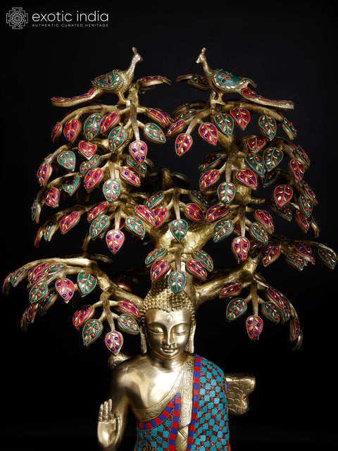 31" Large Size Lord Buddha Seated Under The Bodhi Tree | Brass Statue with Inlay Work