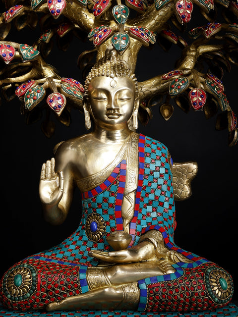31" Large Size Lord Buddha Seated Under The Bodhi Tree | Brass Statue with Inlay Work
