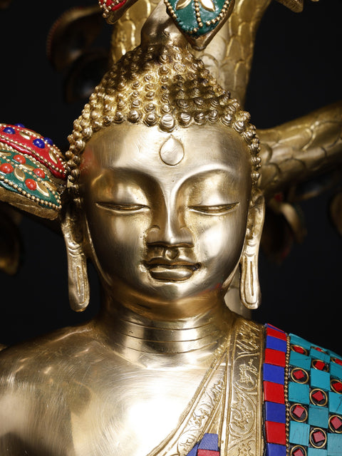 31" Large Size Lord Buddha Seated Under The Bodhi Tree | Brass Statue with Inlay Work