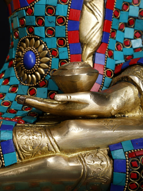 31" Large Size Lord Buddha Seated Under The Bodhi Tree | Brass Statue with Inlay Work