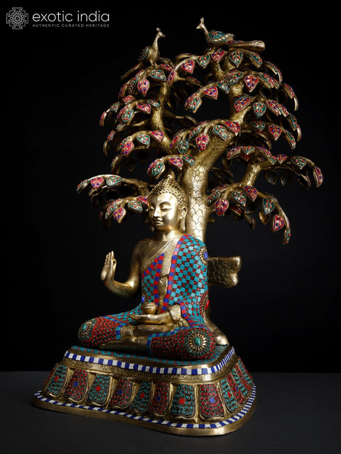 31" Large Size Lord Buddha Seated Under The Bodhi Tree | Brass Statue with Inlay Work