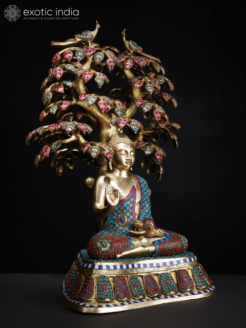 31" Large Size Lord Buddha Seated Under The Bodhi Tree | Brass Statue with Inlay Work