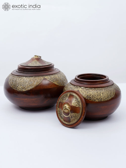 10" Wooden Bowls with Brass Work - Set of Two Handmade