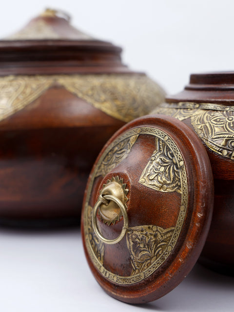 10" Designer Wooden  Bowls/Boxes with Brass Work | Set of Two
