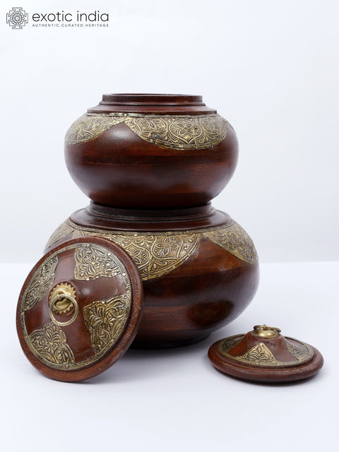 10" Designer Wooden  Bowls/Boxes with Brass Work | Set of Two