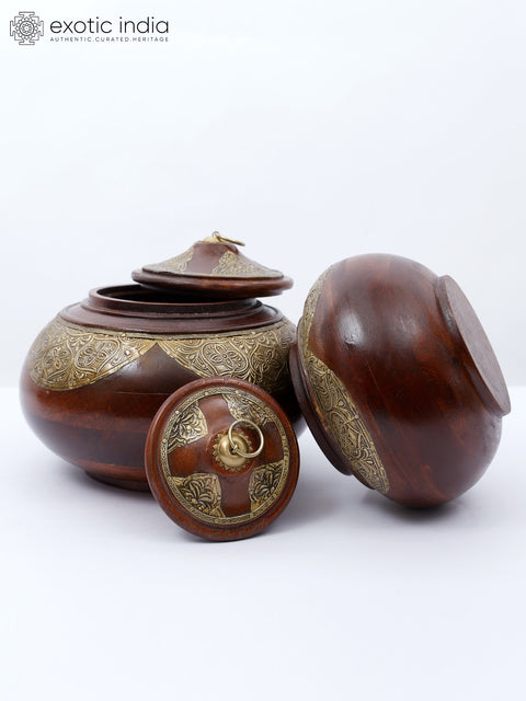 10" Designer Wooden  Bowls/Boxes with Brass Work | Set of Two