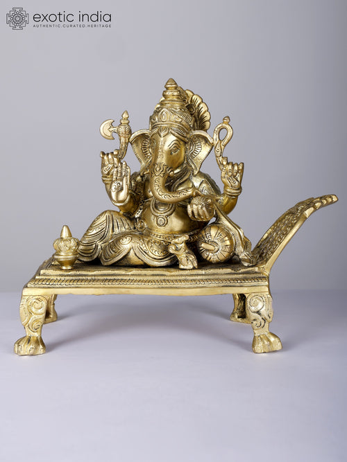 10" Four Armed Relaxing Lord Ganesha Brass Statue